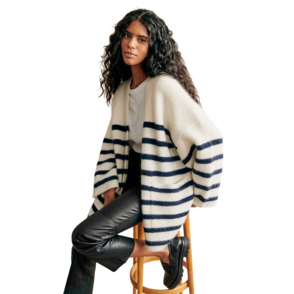 Sezane Oscar Striped Wool Mohair Blend Open Jacket Parisian Chic Ecru Navy